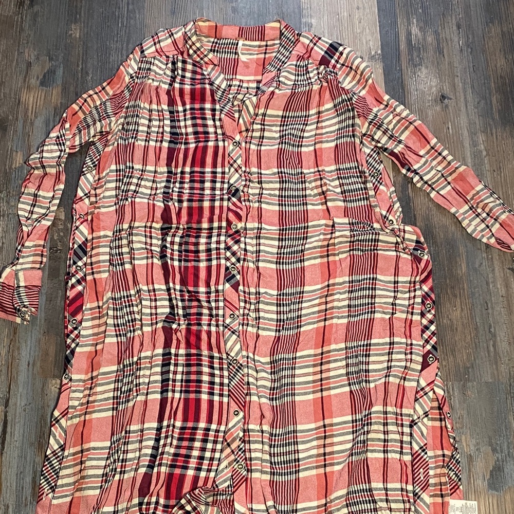 Free People red Plaid Button-Up Long Shirt dress